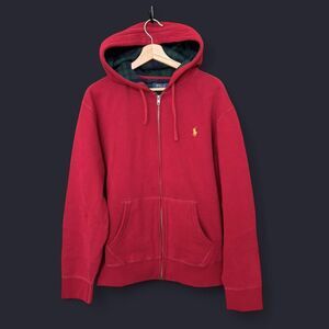 Y2K Polo Ralph Lauren red zip up hoodie with plaid flannel lining talon zipper